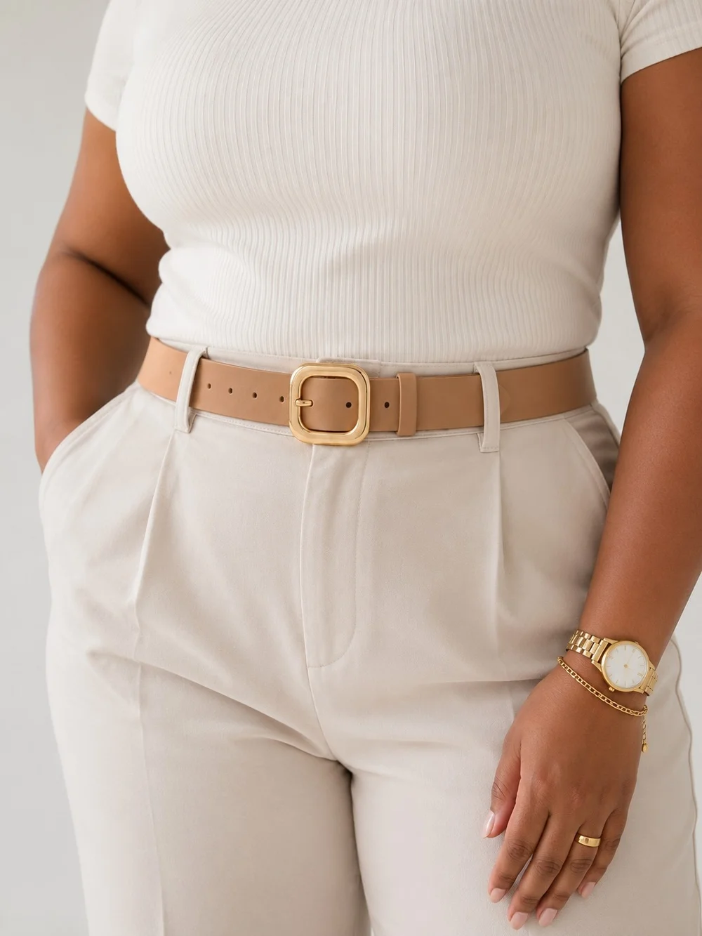Women's Tan Leather Belt with Gold Buckle